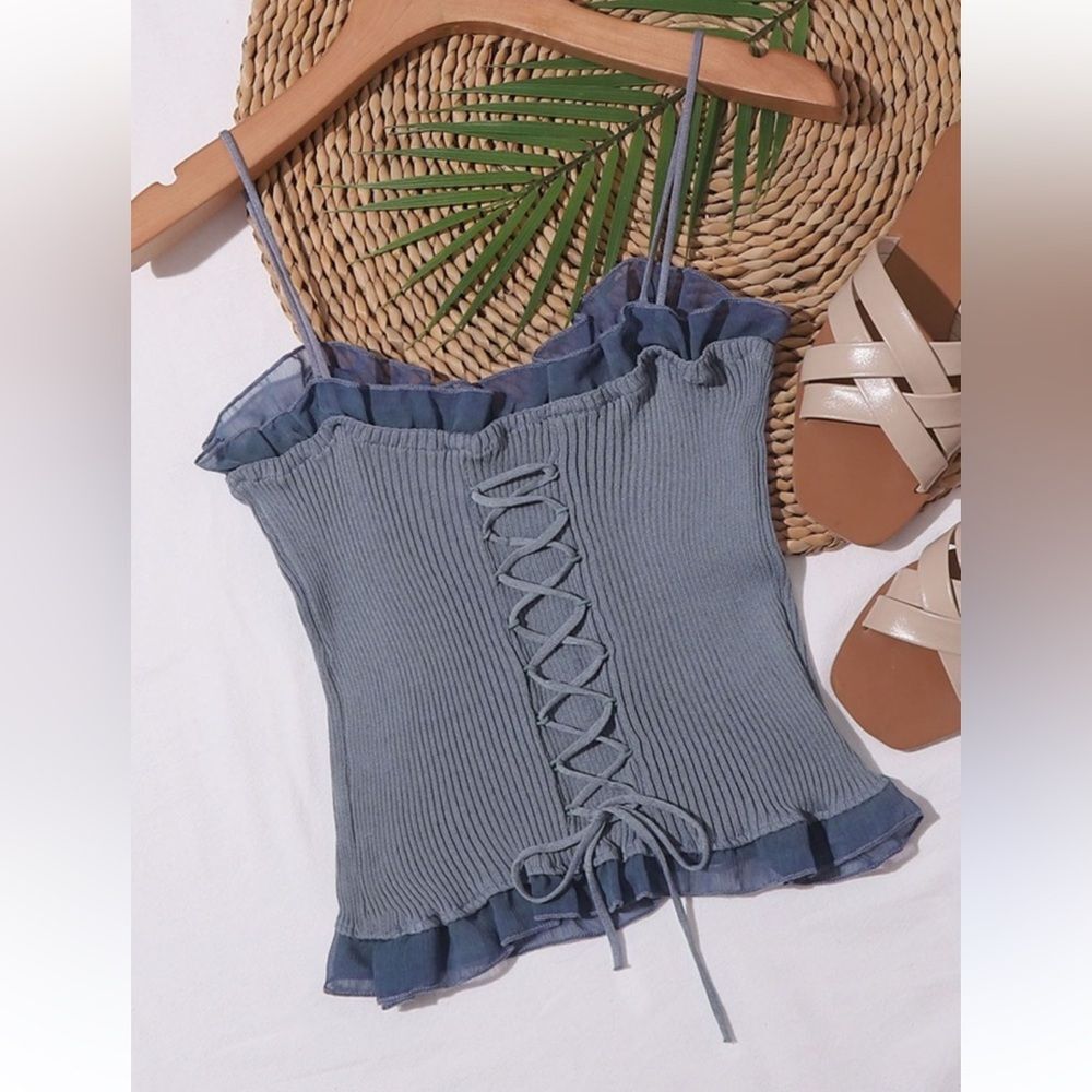 SHEIN Unity Lace Up Knot Mesh Frill Trim Rib-Knit Top Size Medium